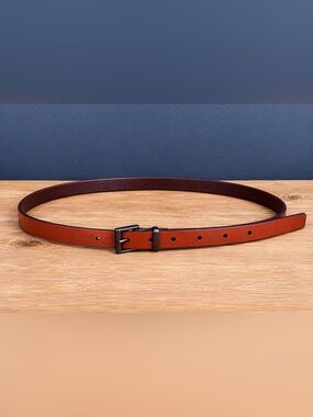 Title: Halogen Cognac Leather Belt Medium | Minimal Skinny Belt | Dark Hardware